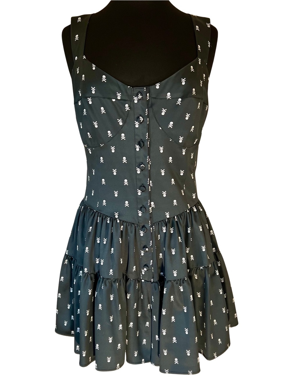 Betsey Johnson Black Mini Dress Romper Shorts with White Skull & Crossbone Print